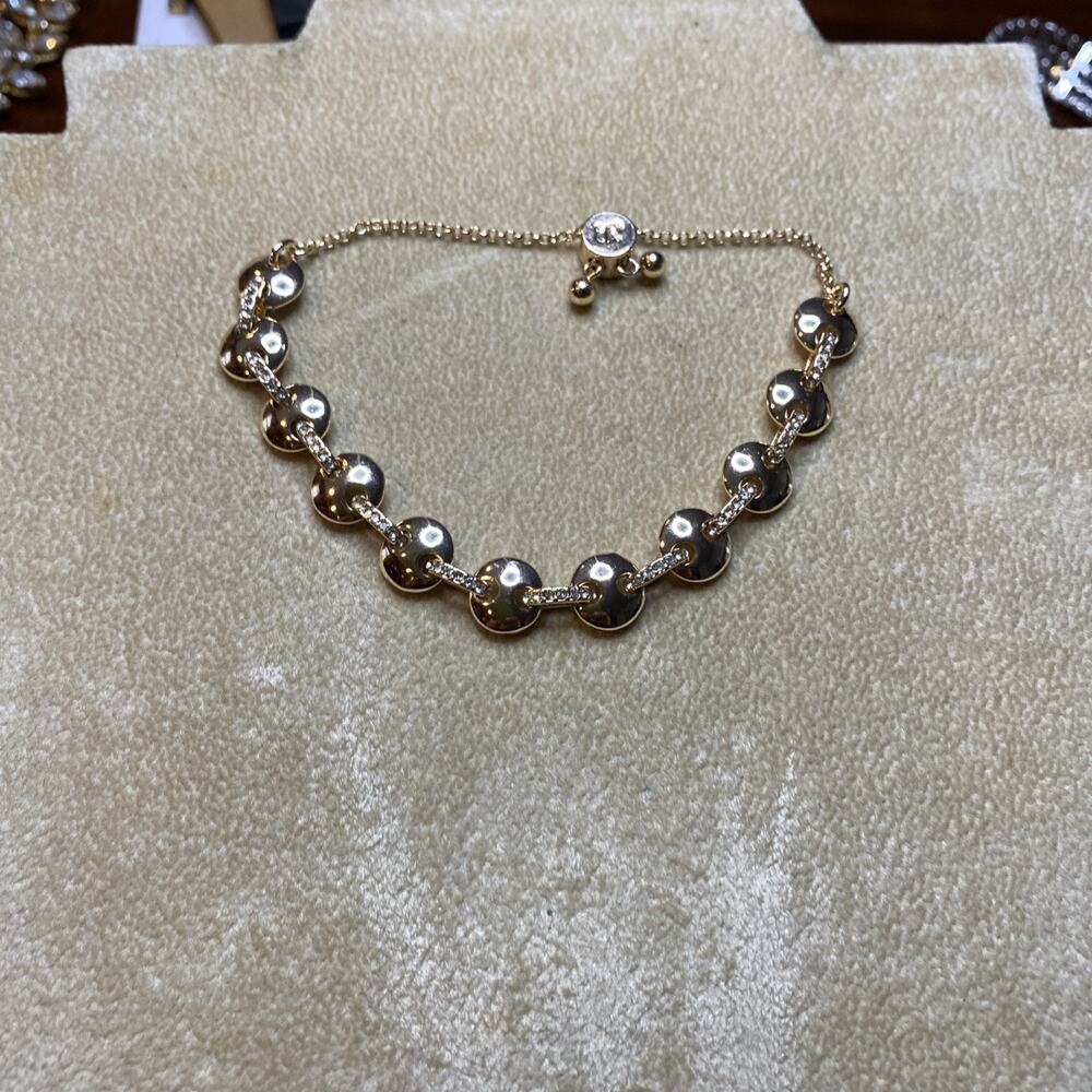 Banana Republic Puffy Disks Gold Tone Pave Crystal Bolo Bracelet Adjust Slider